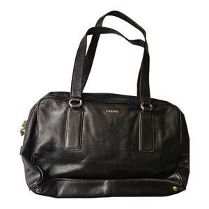 Fossil Black Pebbled Leather Satchel Bag Gold Hardware Large Doctor Bag Tote 16"